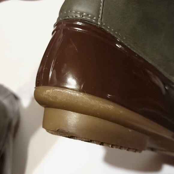 Charles Albert Duck Boots Size 11 Used Vegan Leather Green Brown Rain Womens - Picture 9 of 12